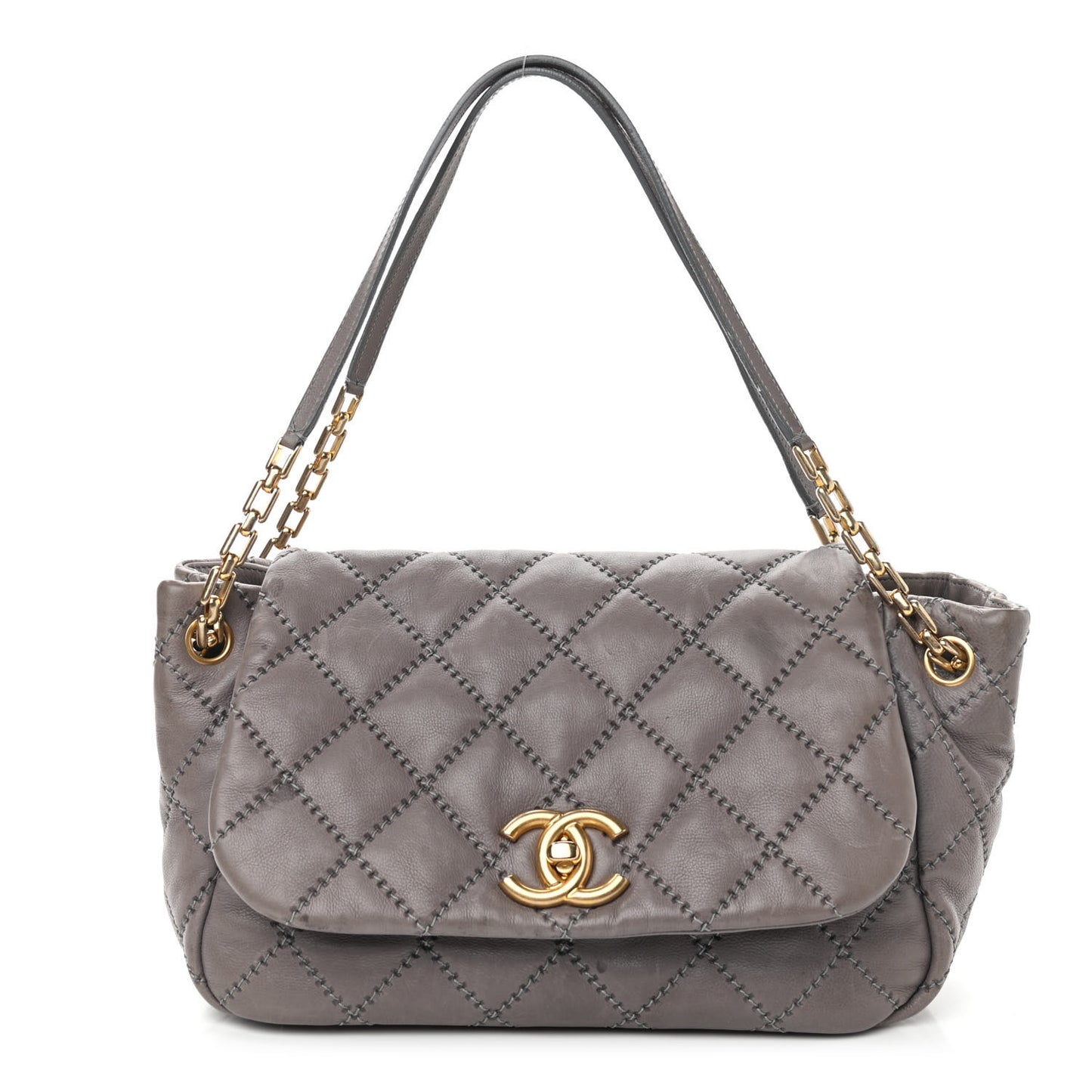 Calfskin Quilted Retro Chain Flap Grey