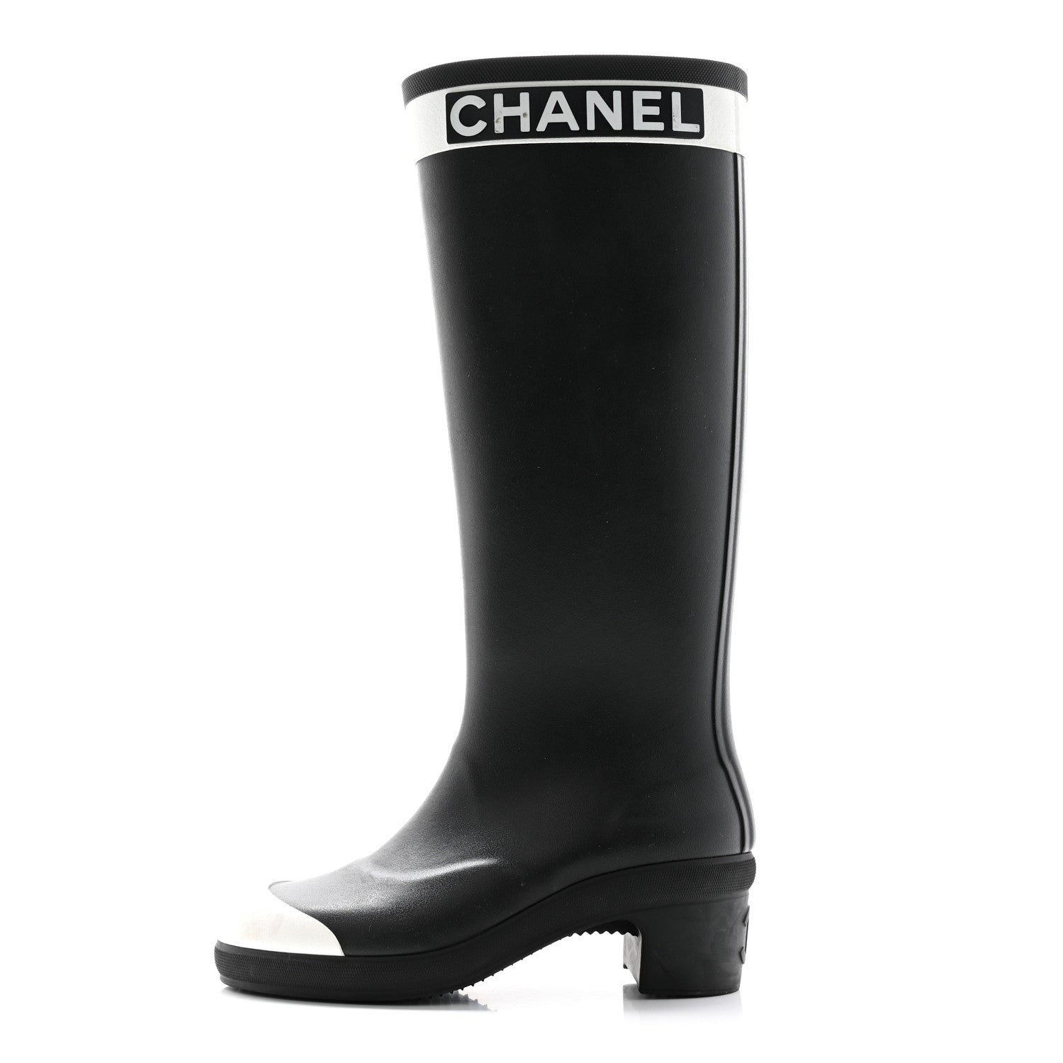 Chanel Rubber Logo Rain Boots 35 Black White 1 of 12