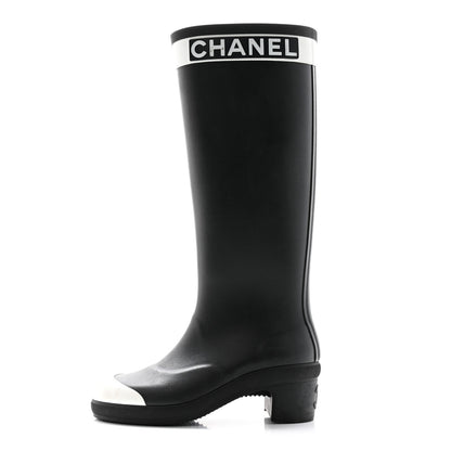 Chanel Rubber Logo Rain Boots 35 Black White 1 of 12