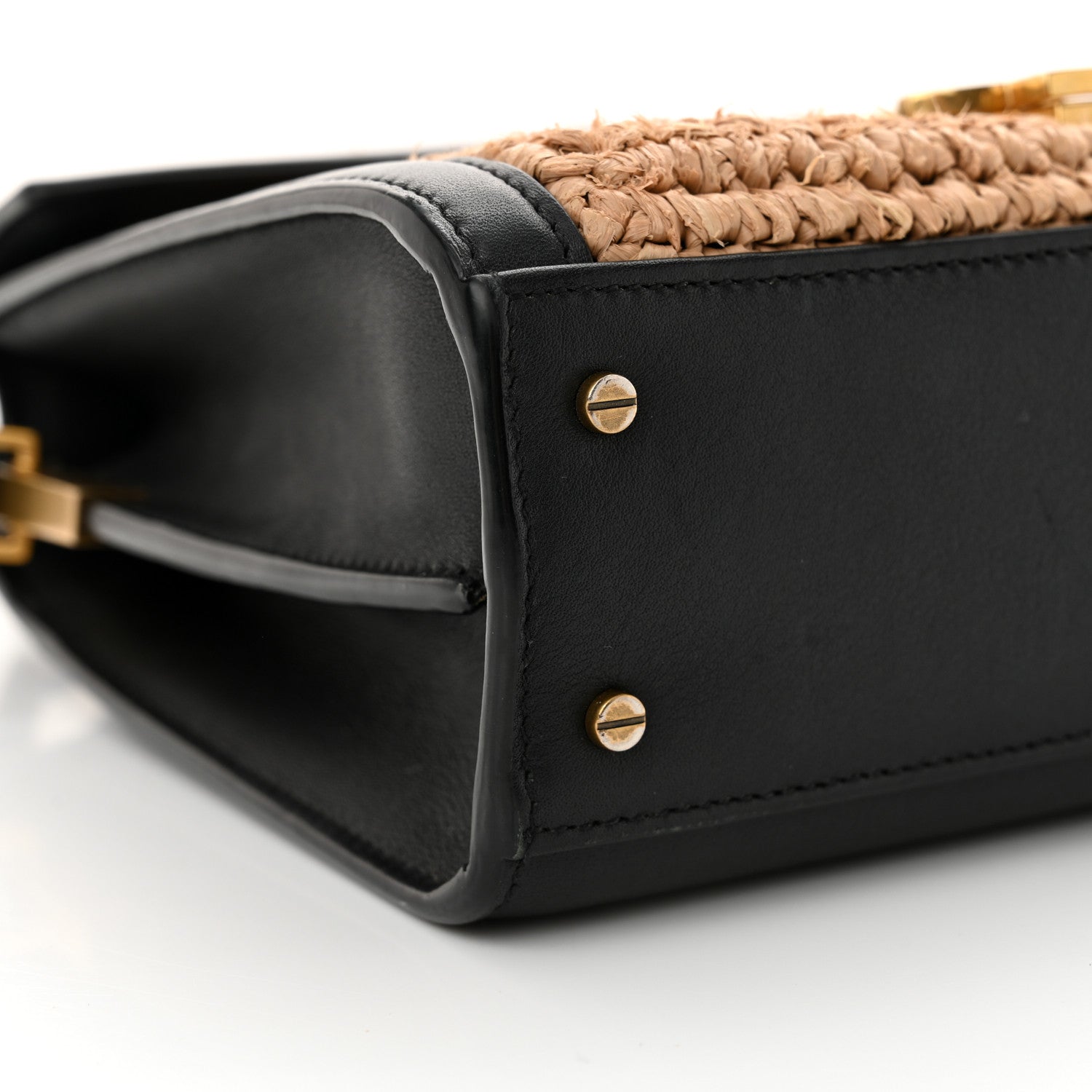 Saint Laurent Raffia Calfskin Mini Classic Monogram Cassandra Top Handle Black Natural 9 of 15