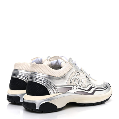 Chanel Fabric Laminated Calfskin Stretch CC Womens Sneakers 40 White Silver 5 of 13