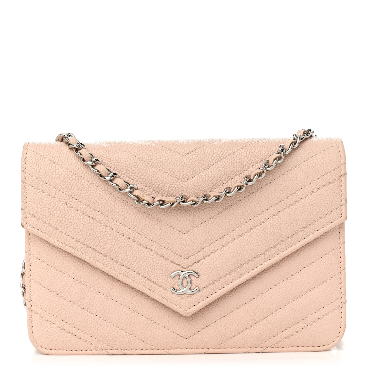 Caviar Chevron Quilted Statement Wallet On Chain WOC Light Beige