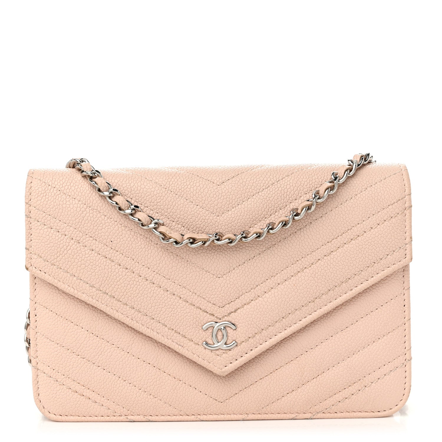Chanel Caviar Chevron Quilted Statement Wallet On Chain WOC Light Beige 1 of 13