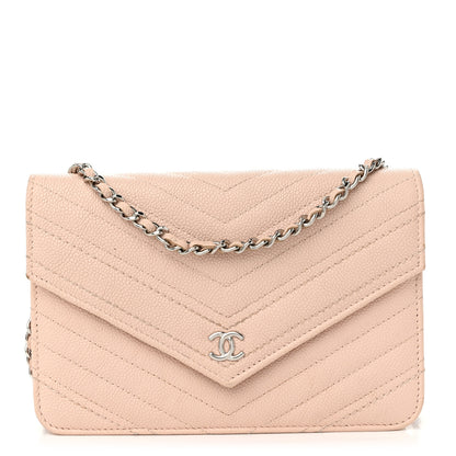 Chanel Caviar Chevron Quilted Statement Wallet On Chain WOC Light Beige 1 of 13
