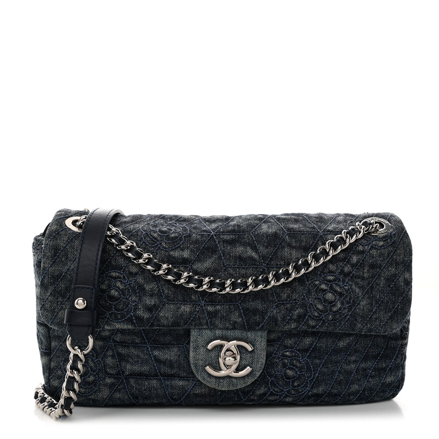 Chanel Denim Quilted Camellia Embroidered Medium Flap Blue 1 of 11