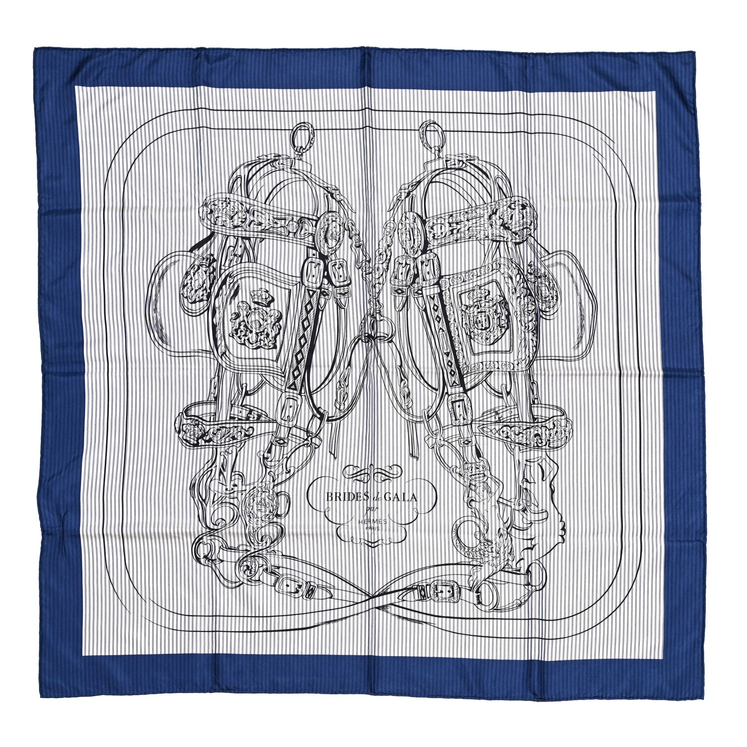 Hermes Silk Carre Eyeliner Brides De Gala Scarf 90 Marine Bleu Black 1 of 4