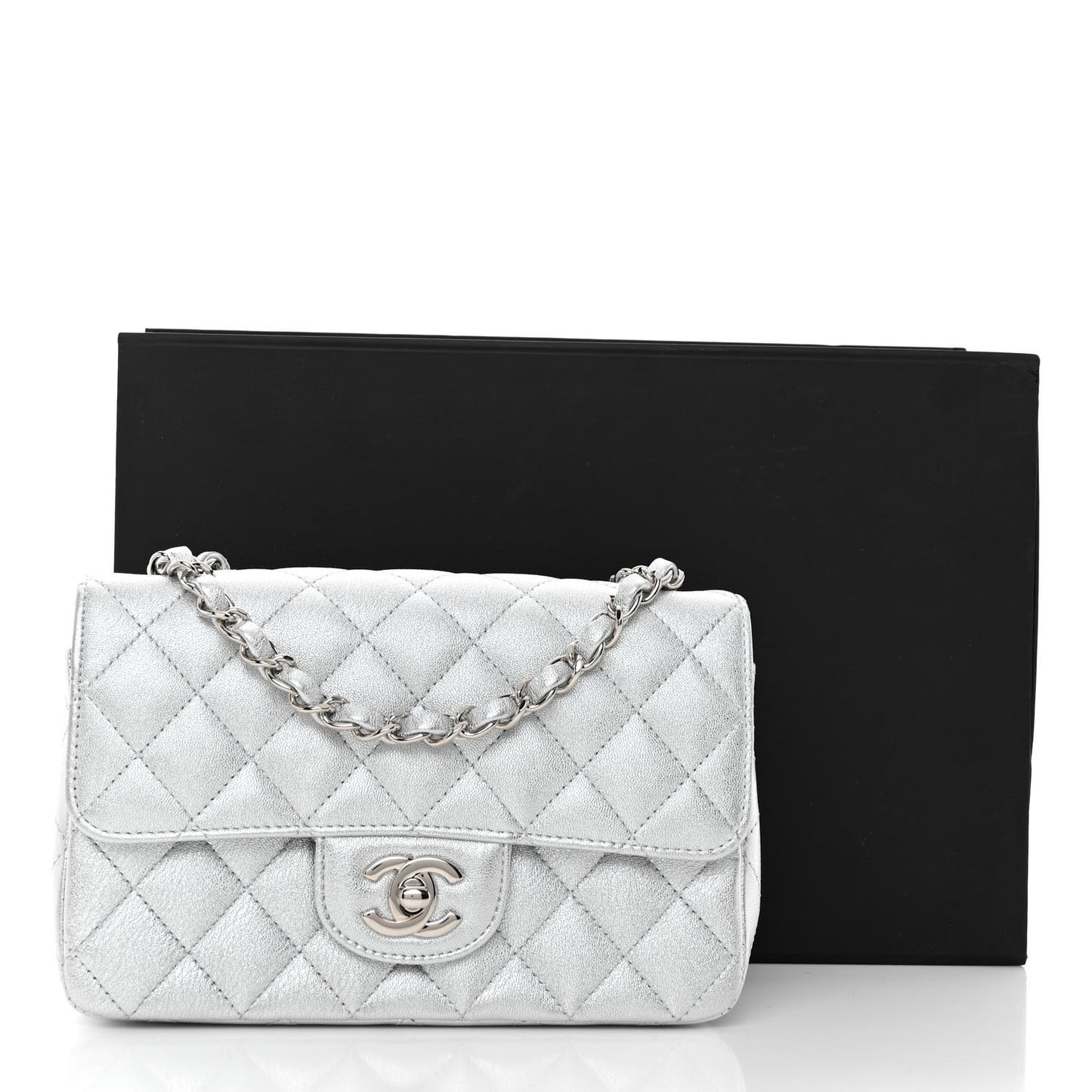 Metallic Lambskin Quilted Mini Rectangular Flap Silver