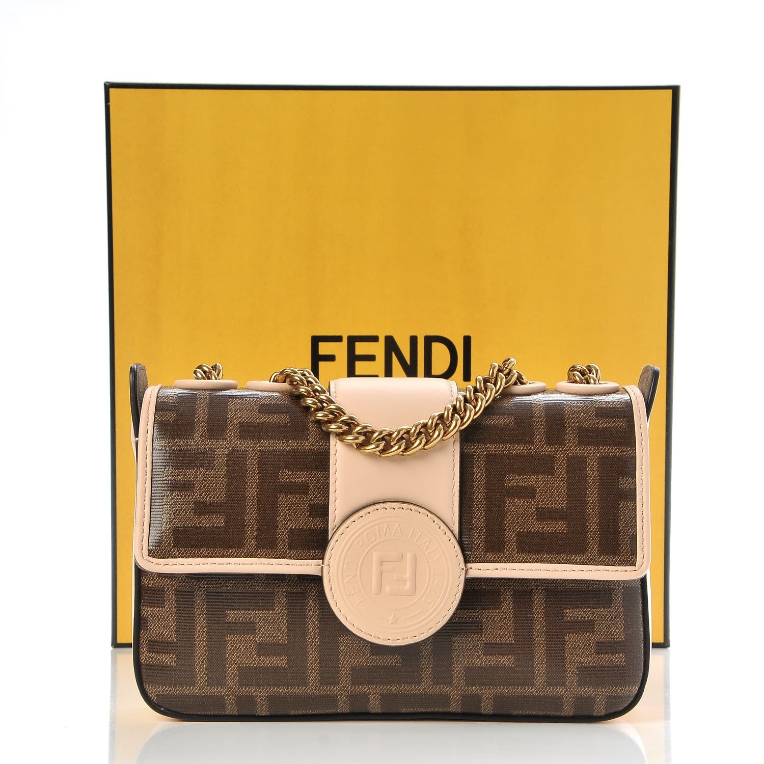 Fendi Glazed Fabric Vitello Century FF 1974 Stamp Patch Mini Double F Crossbody Bag Mogano Panna Plaster 9 of 9
