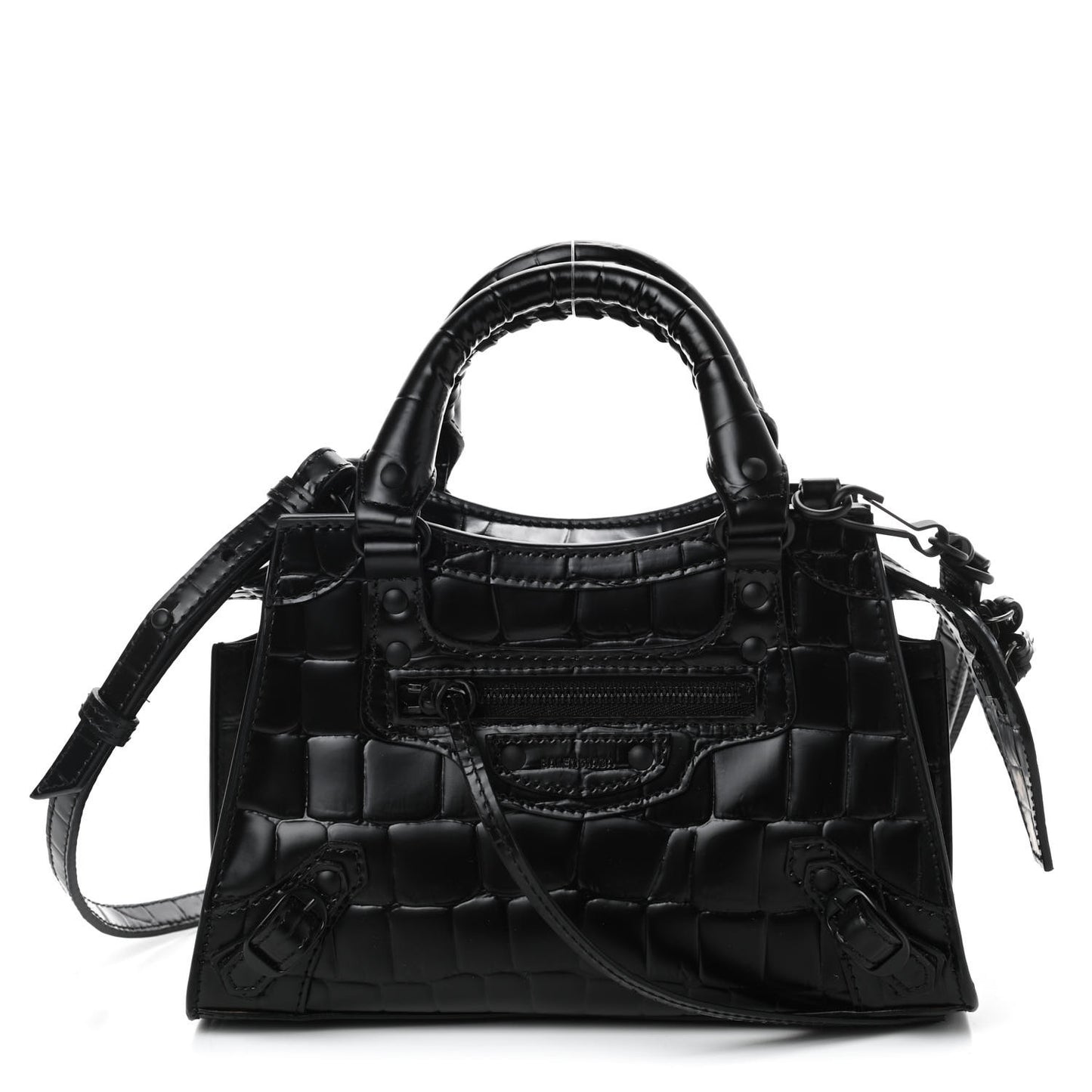 Semi Shiny Calfskin Crocodile Embossed Neo Classic Black Hardware Mini City Black