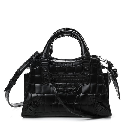 Balenciaga Semi Shiny Calfskin Crocodile Embossed Neo Classic Black Hardware Mini City Black 1 of 10