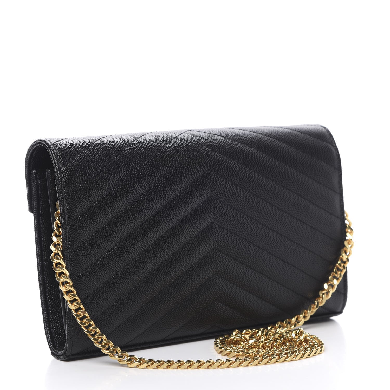 Saint Laurent Grain De Poudre Matelasse Chevron Monogram Chain Wallet Black 3 of 10