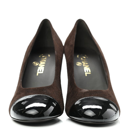 Chanel Kid Suede Patent Calfskin Cap Toe CC Pumps 39.5 Brown Black 2 of 10