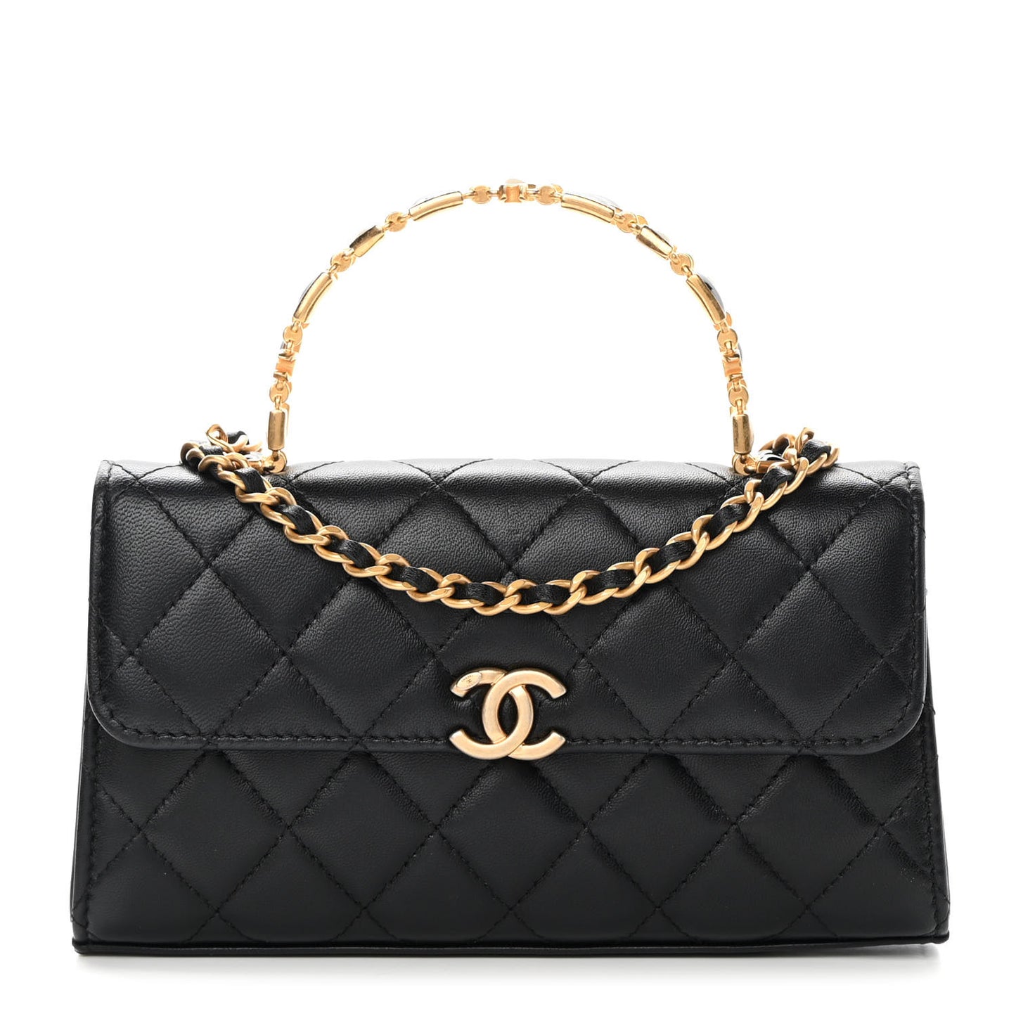 Lambskin Enamel Quilted Top Handle Flap Phone Holder With Chain Black