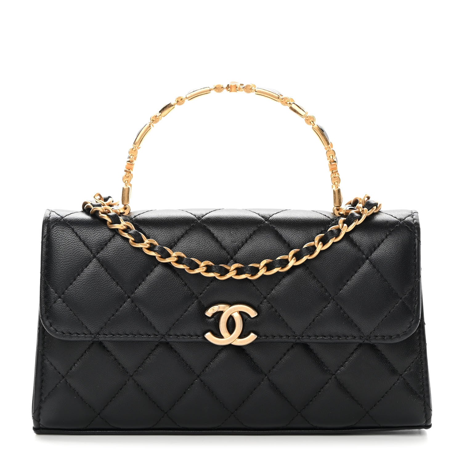 Chanel Lambskin Enamel Quilted Top Handle Flap Phone Holder With Chain Black 1 of 13