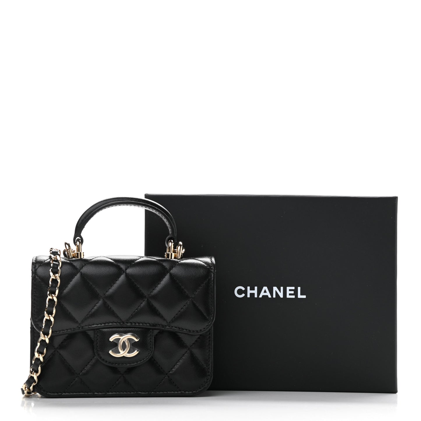 Lambskin Quilted Top Handle Flap Coin Purse With Chain Black