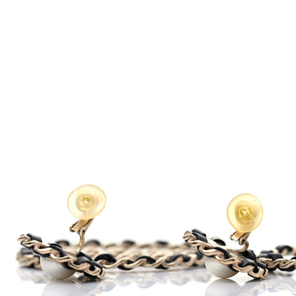 Chanel Pearl Lambskin Chain Logo Hoop Clip On Earrings Black Gold 3 of 4