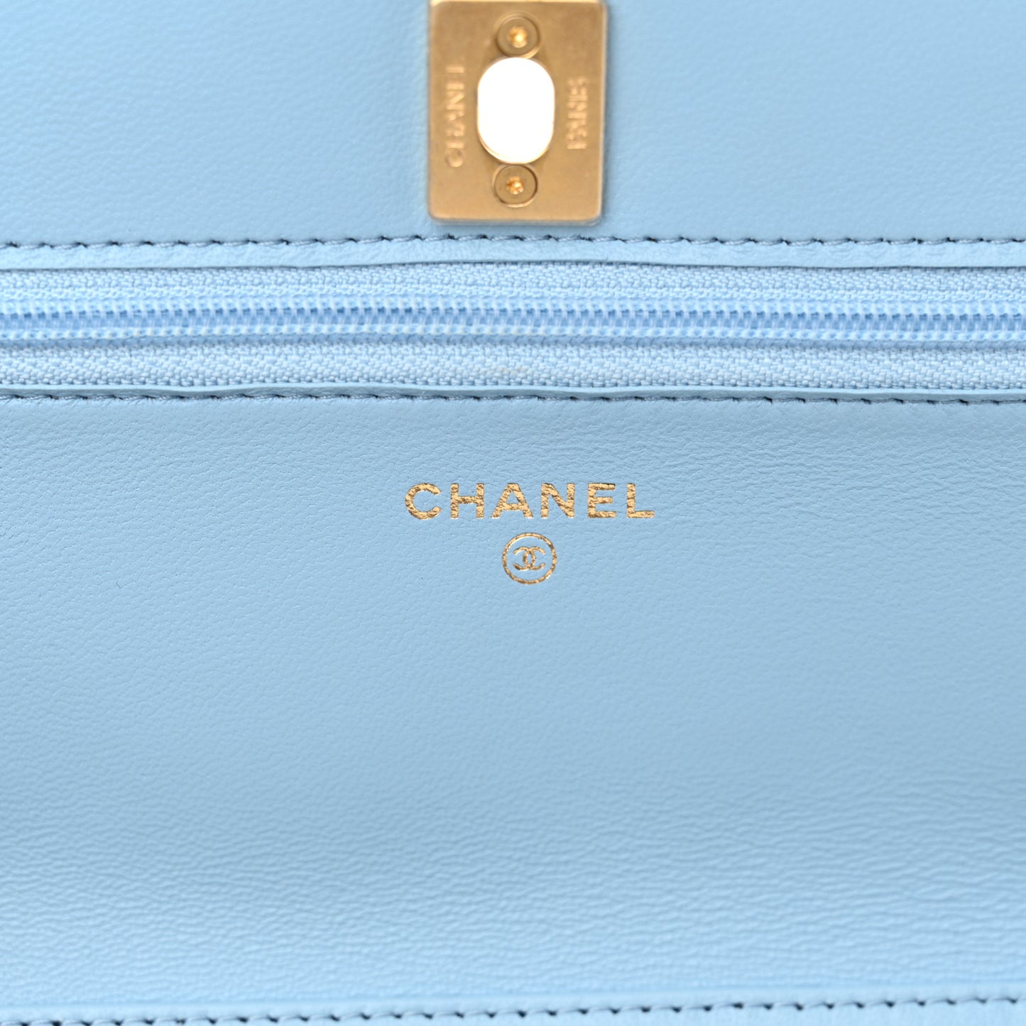Lambskin Quilted CC Pearl Crush Wallet on Chain WOC Light Blue
