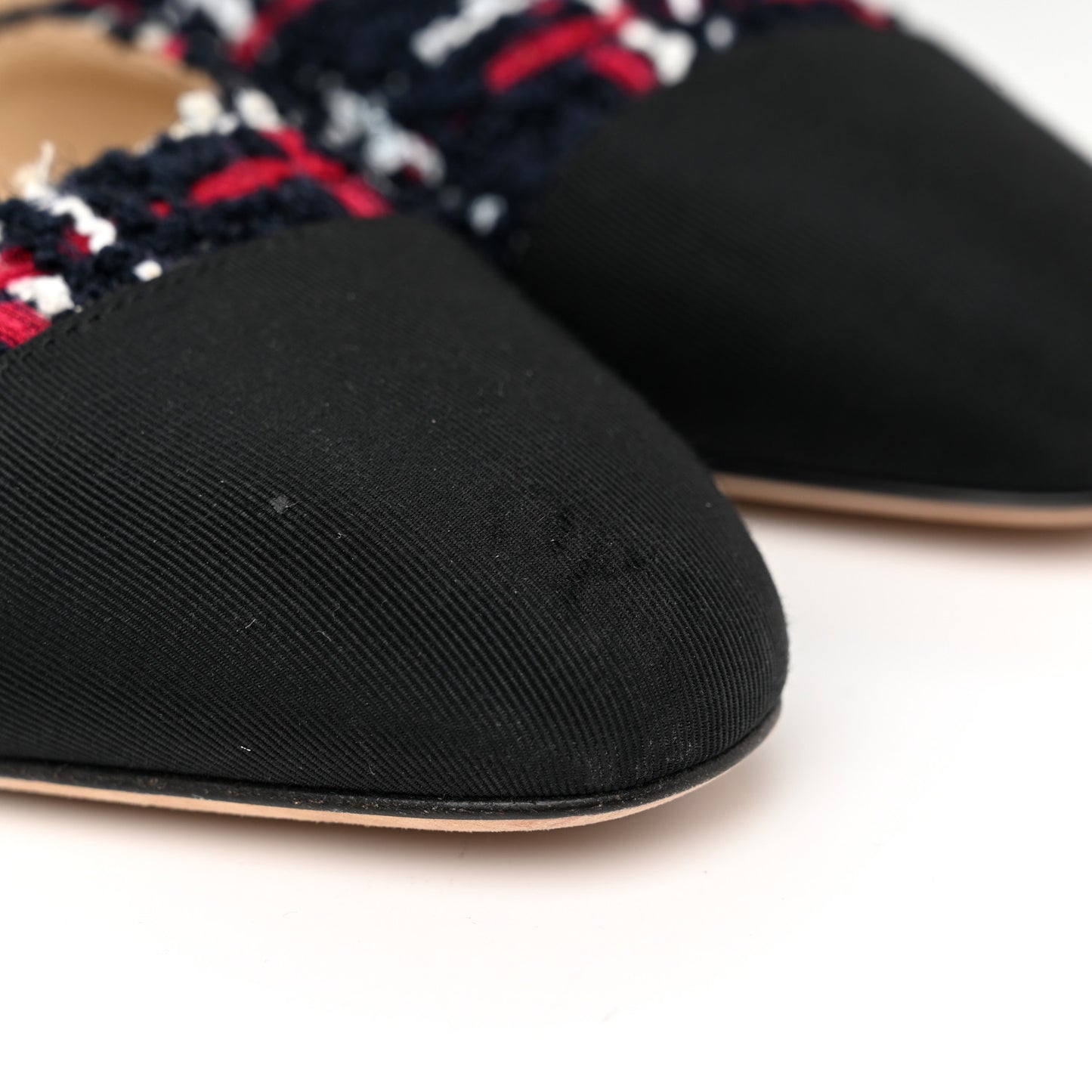 Tweed Grosgrain Cap Toe CC Slingback Flats 36.5 Navy Red White