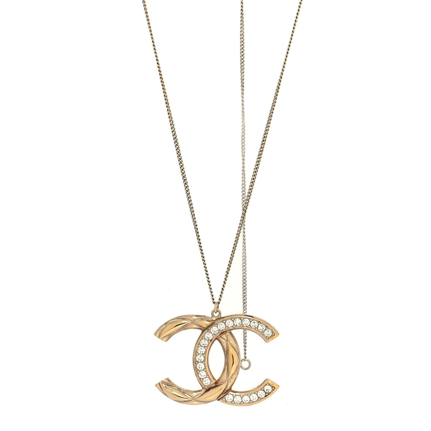 Crystal Metal Quilted CC Pendant Necklace Gold
