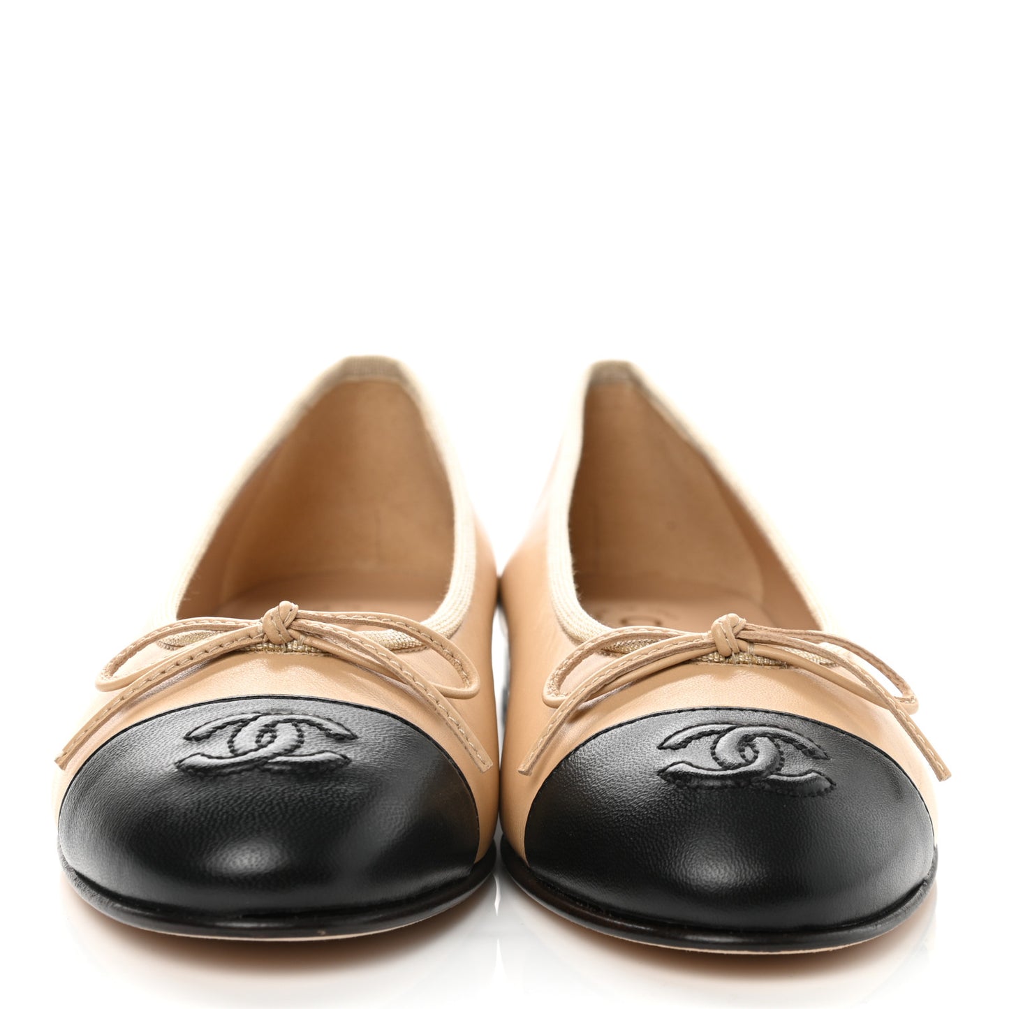 Lambskin Cap Toe Ballerina Flats 36 Beige Black