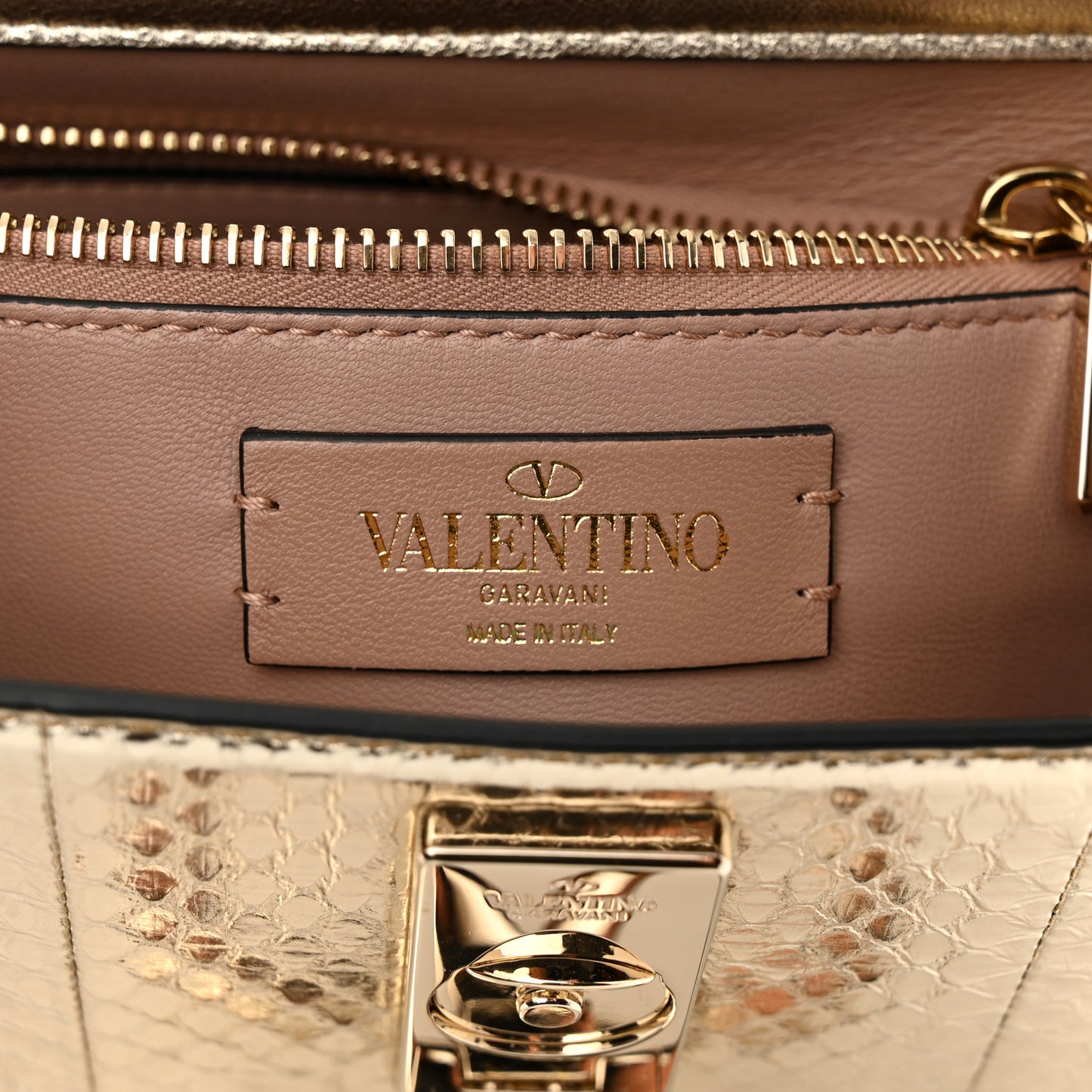 Metallic Calfskin Snake Embossed Mini VSling Top Handle Bag Gold