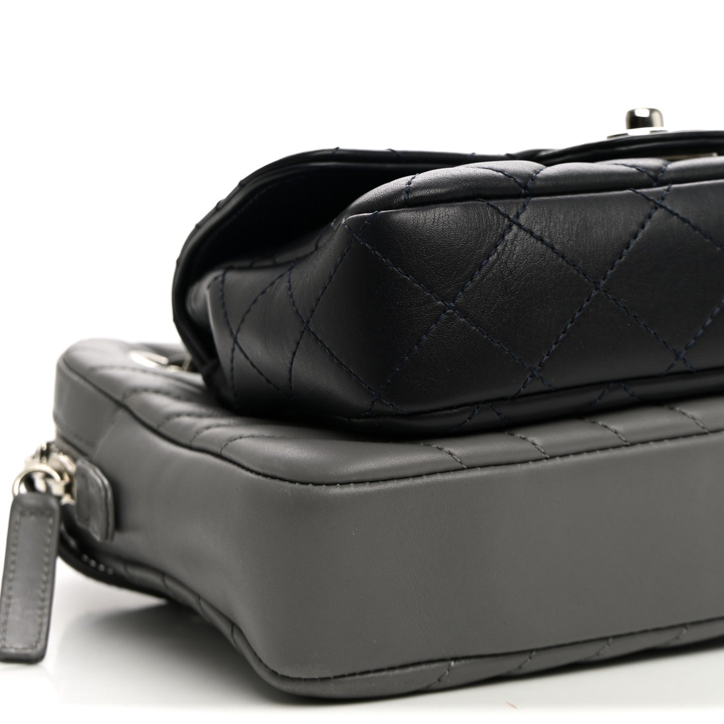Calfskin Chevron Quilted Double Camera Bag With Flap Black Black Grey