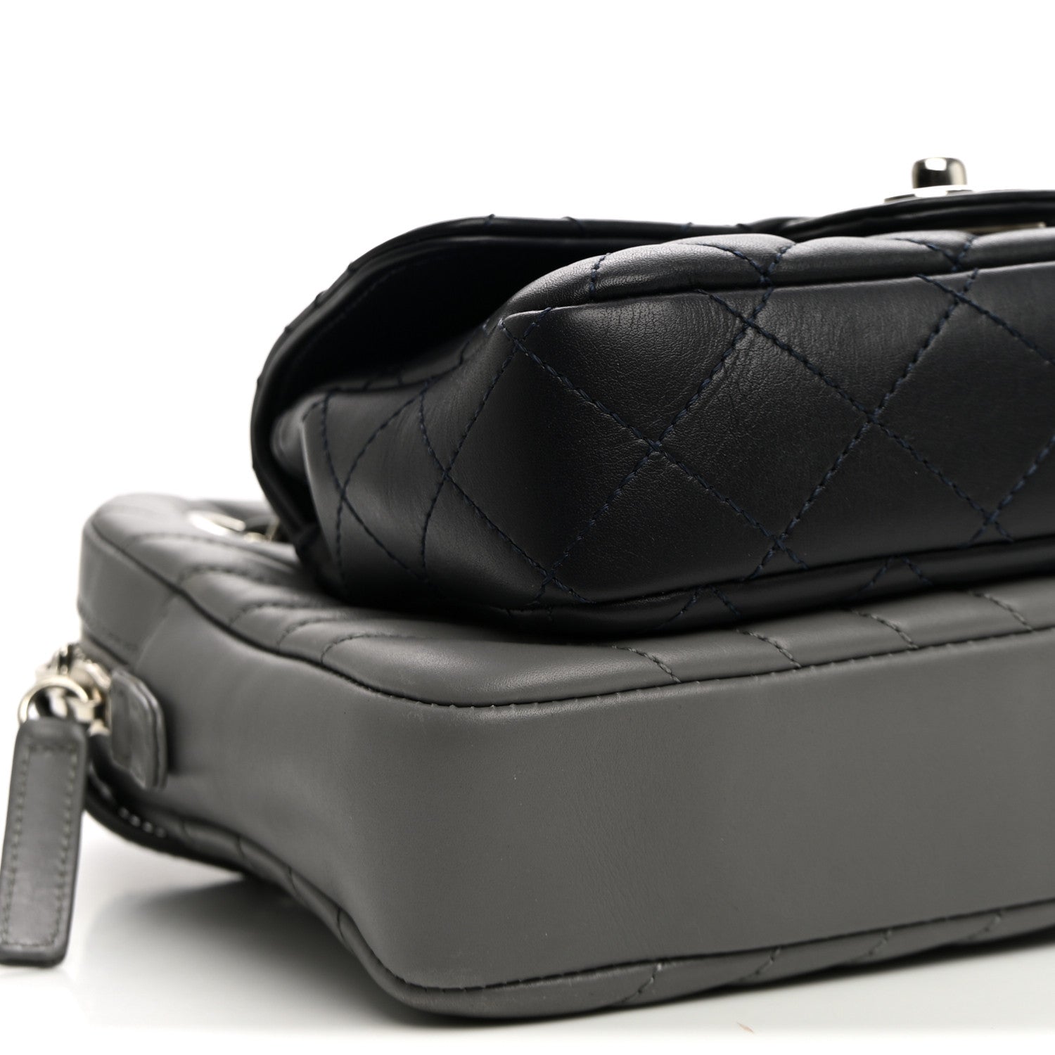 Chanel Calfskin Chevron Quilted Double Camera Bag With Flap Black Black Grey 10 of 12