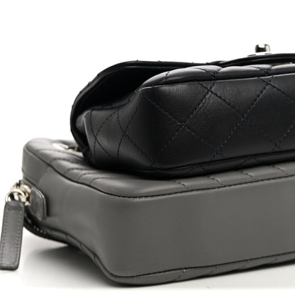 Chanel Calfskin Chevron Quilted Double Camera Bag With Flap Black Black Grey 10 of 12