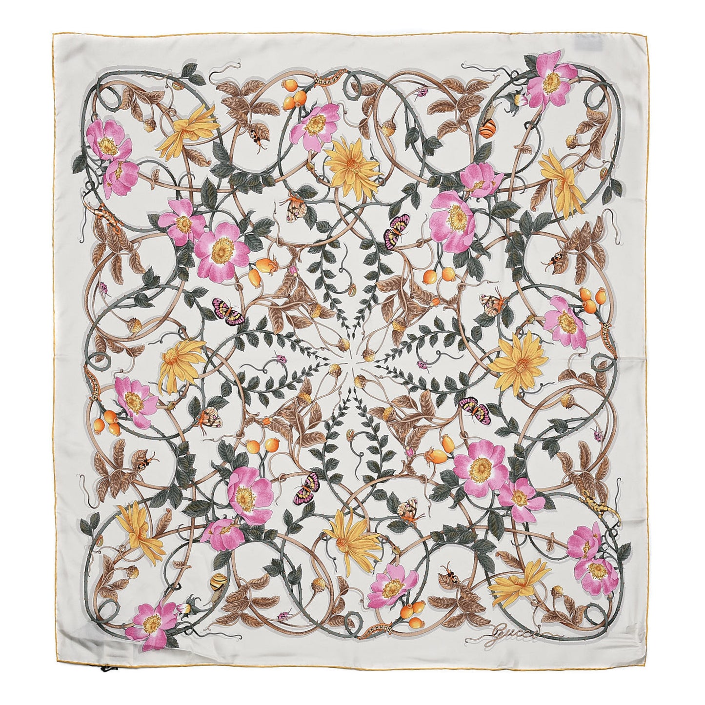 Silk Twill Flowerwebby Square Scarf White