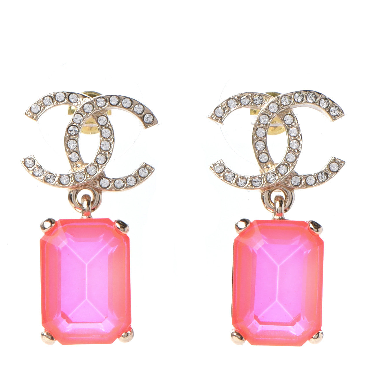 Chanel Metal Crystal CC Earrings Gold Pink 1 of 5