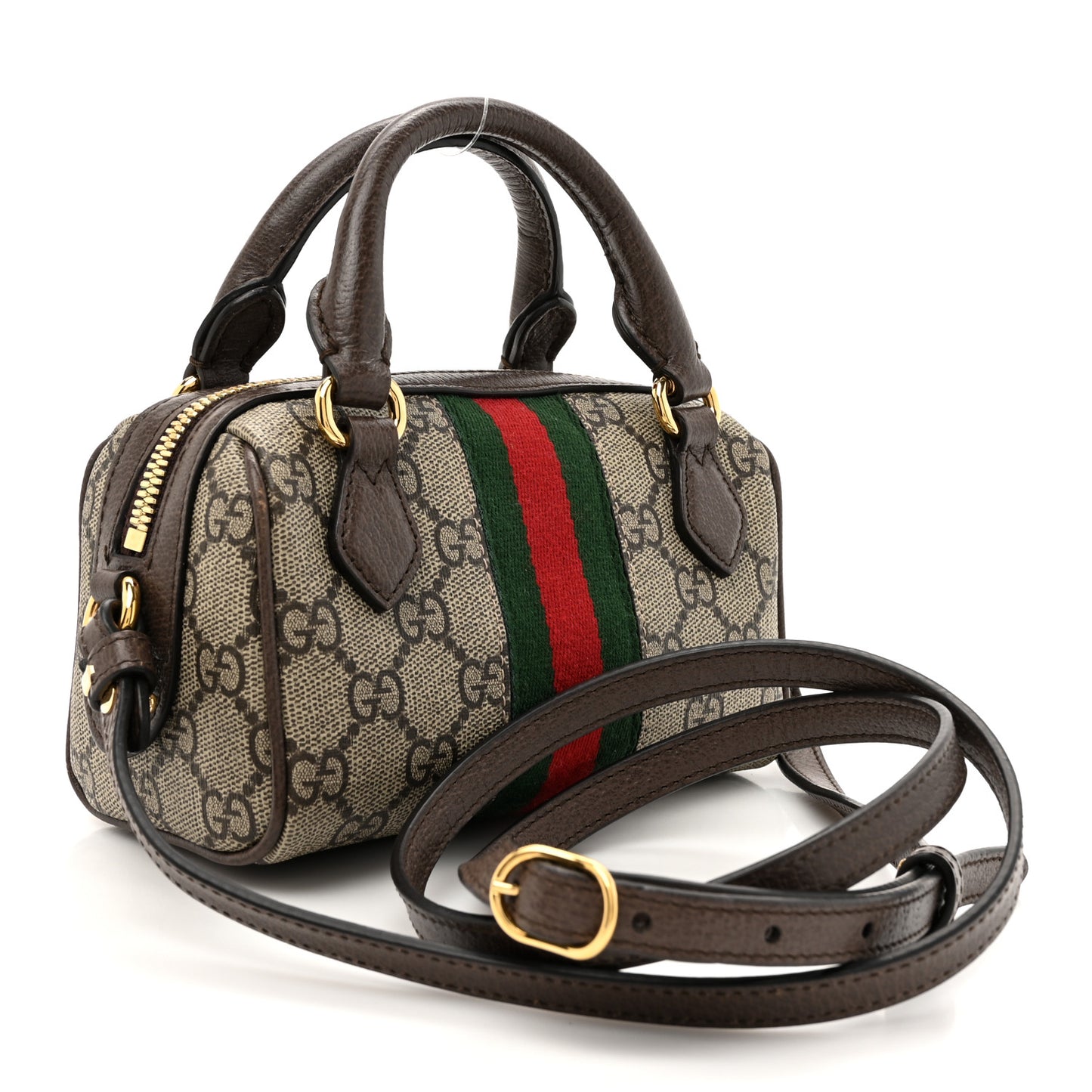 GG Supreme Monogram Textured Dollar Calfskin Web Super Mini Ophidia Top Handle Bowler Bag Beige Ebony New Acero