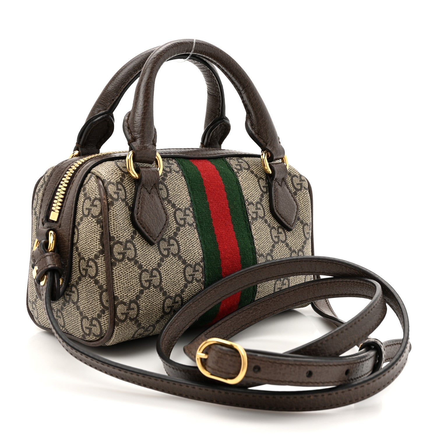 Gucci GG Supreme Monogram Textured Dollar Calfskin Web Super Mini Ophidia Top Handle Bowler Bag Beige Ebony New Acero 3 of 15