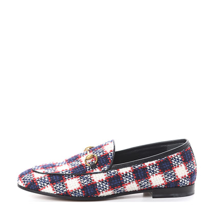 Gucci Vintage Tweed Check Horsebit Womens Jordaan Loafers 37 White Hibiscus Red Marine 1 of 7