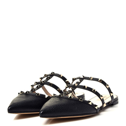 Valentino Garavani Pebbled Calfskin Rockstud Flat Cage Mules 40.5 Black 3 of 9