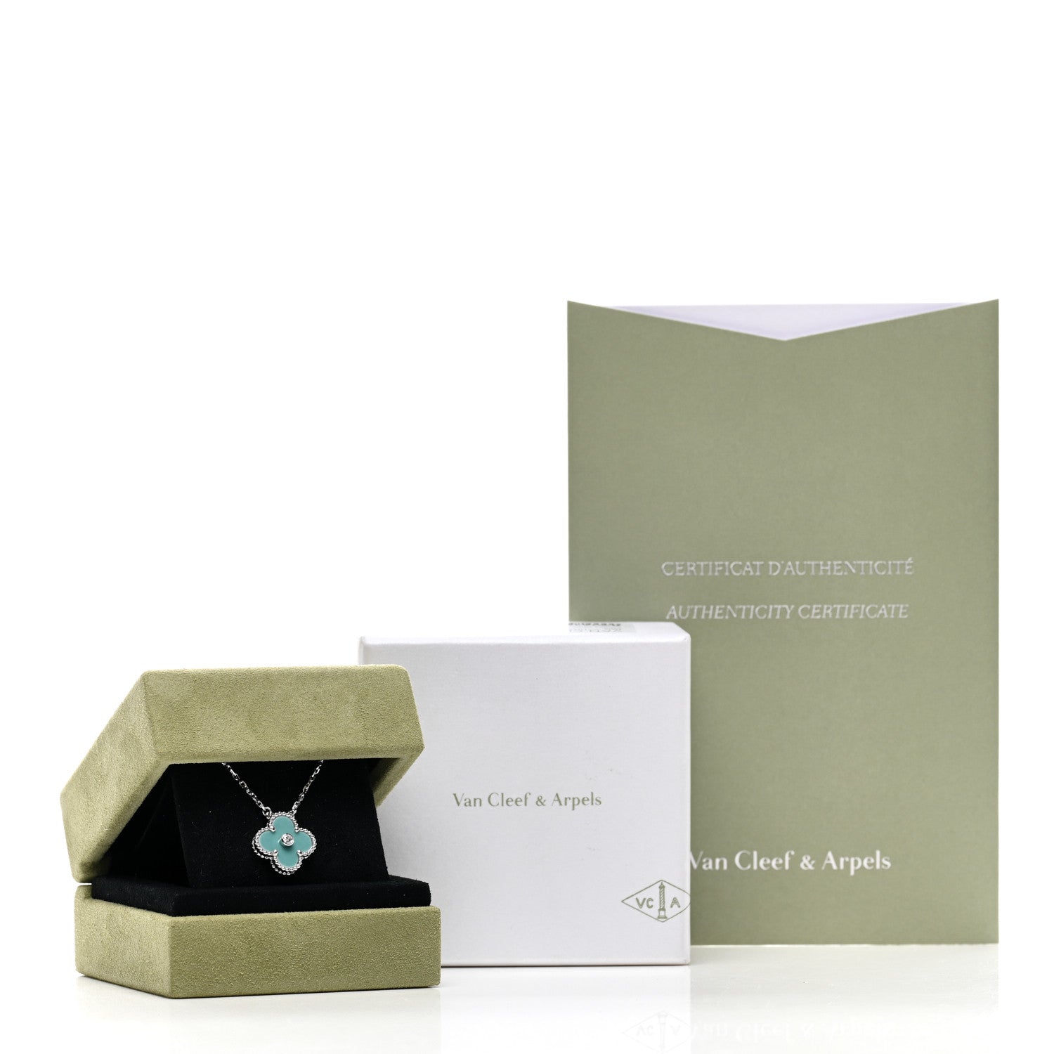 Van Cleef & Arpels 18K White Gold Diamond Celadon Green Sevres Porcelain Vintage Alhambra Pendant Necklace 6 of 6