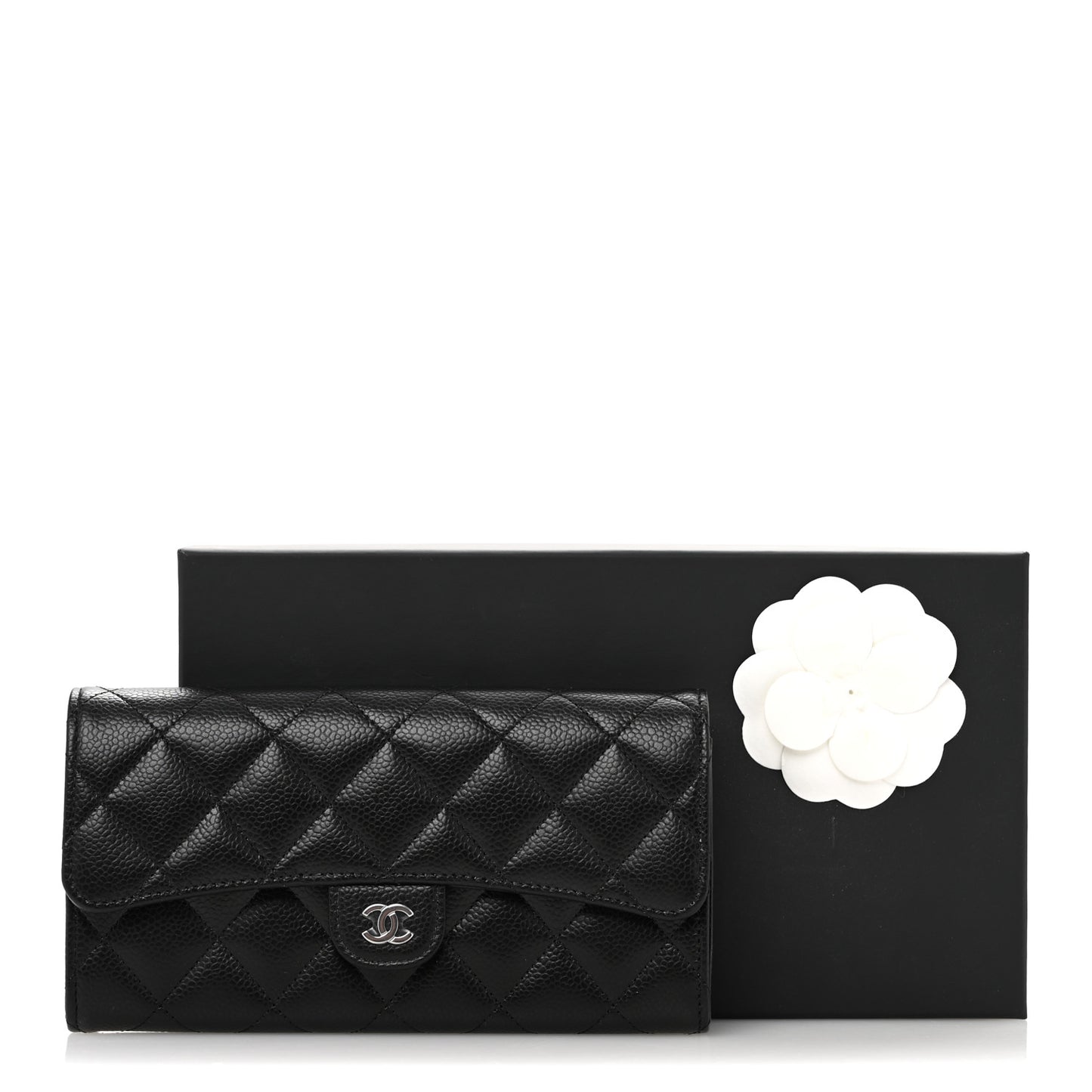 Caviar Quilted Large Gusset Flap Wallet Black
