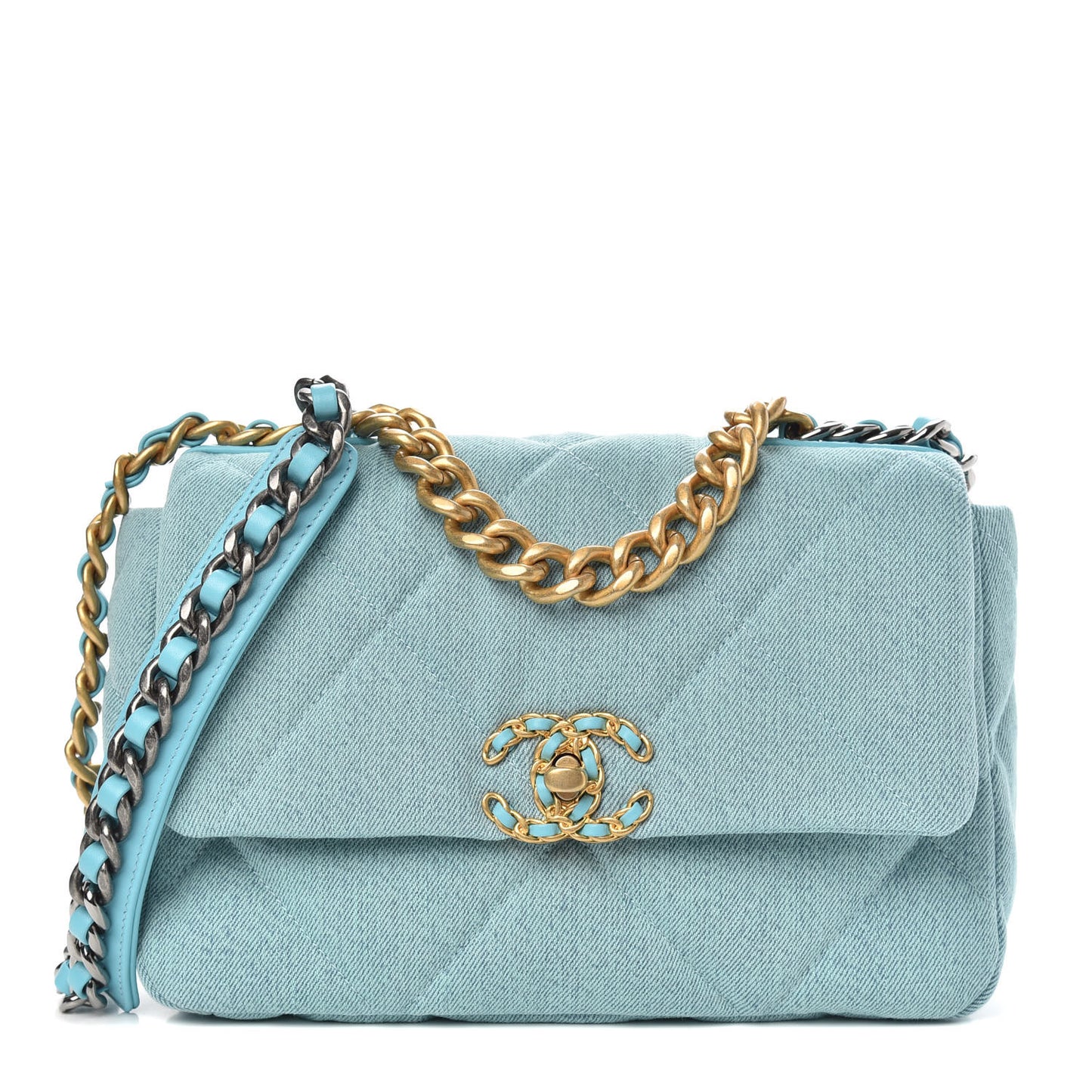 Denim Quilted Medium Chanel 19 Flap Neon Blue