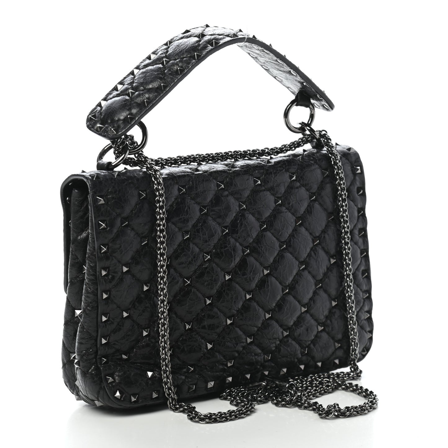 Craquele Nappa Medium Rockstud Spike Shoulder Bag Black