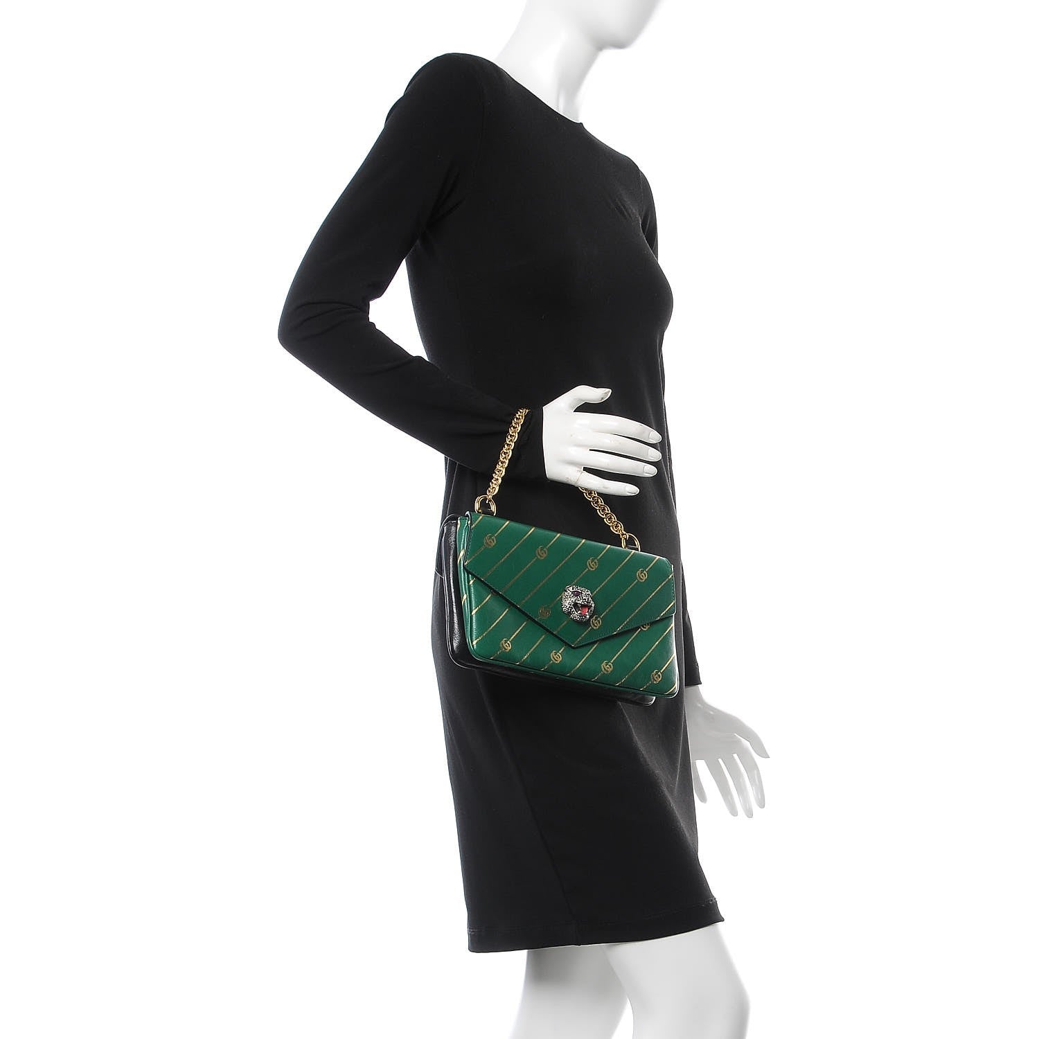 Gucci Calfskin Diagonal GG Medium Thiara Double Envelope Shoulder Bag Emerald Green Black 5 of 11