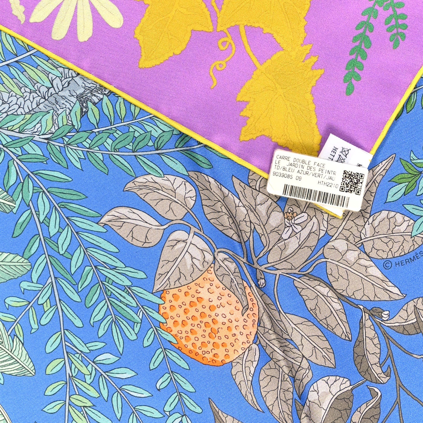 Silk Le Jardin Des Peintres Double Face Scarf 90 Bleu Azur Vert Jaune