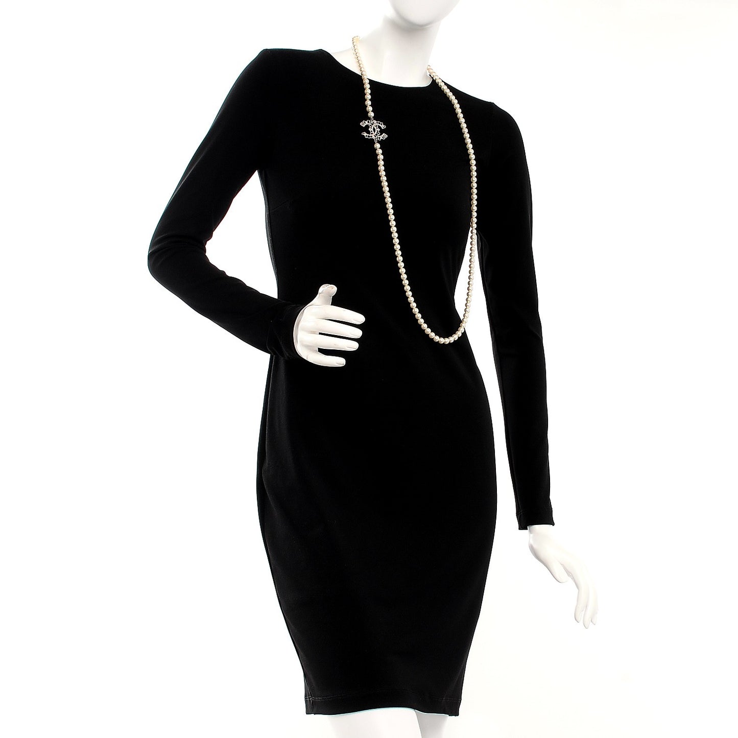 Pearl Crystal CC Long Necklace Black Silver