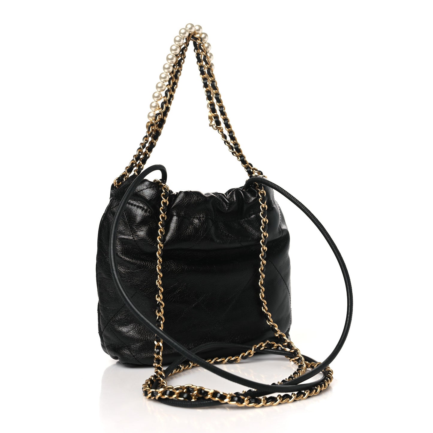 Shiny Crumpled Calfskin Quilted Pearl Mini Chanel 22 Black