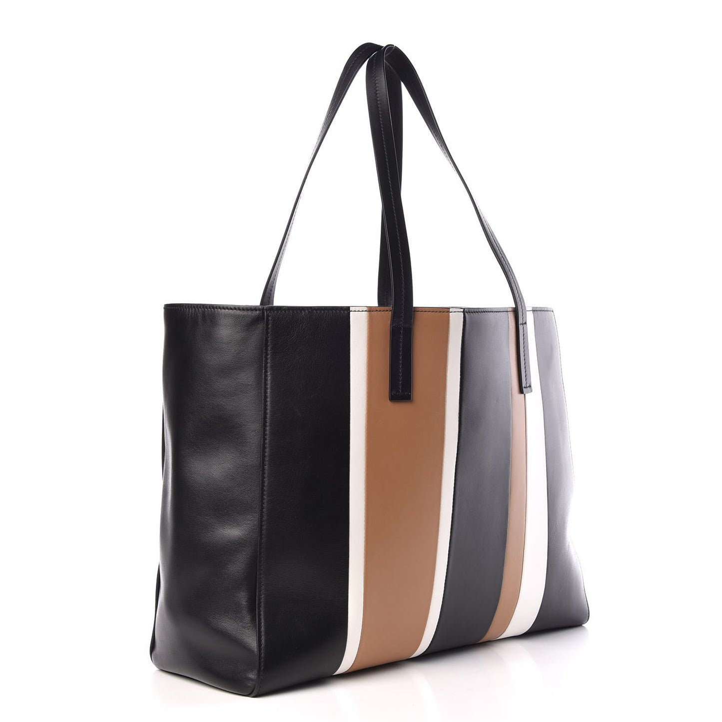Calfskin Baiadera Striped Shopping Tote Black Caramel White