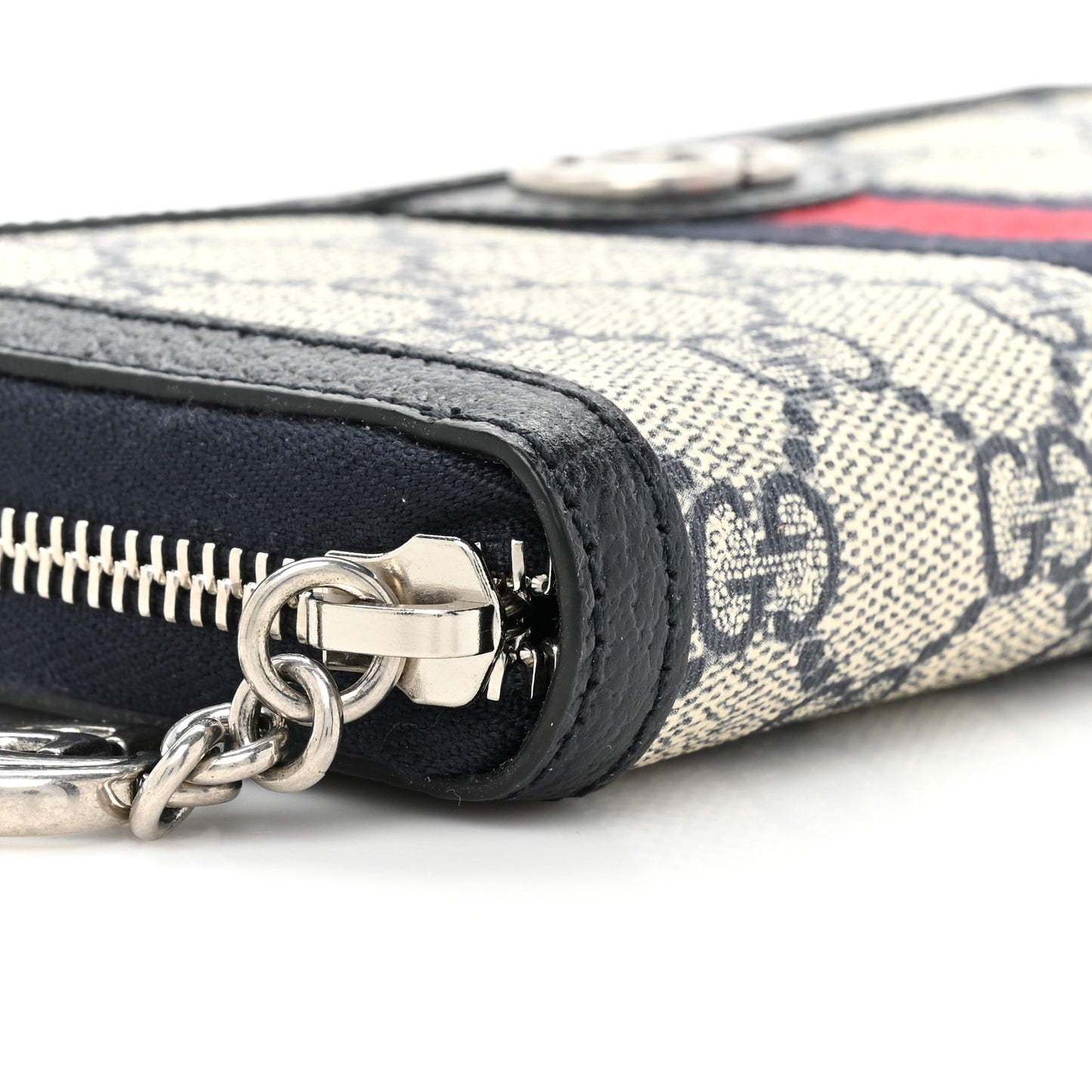 GG Supreme Monogram Textured Dollar Calfskin Web Ophidia Zip Around Wallet Beige Blue