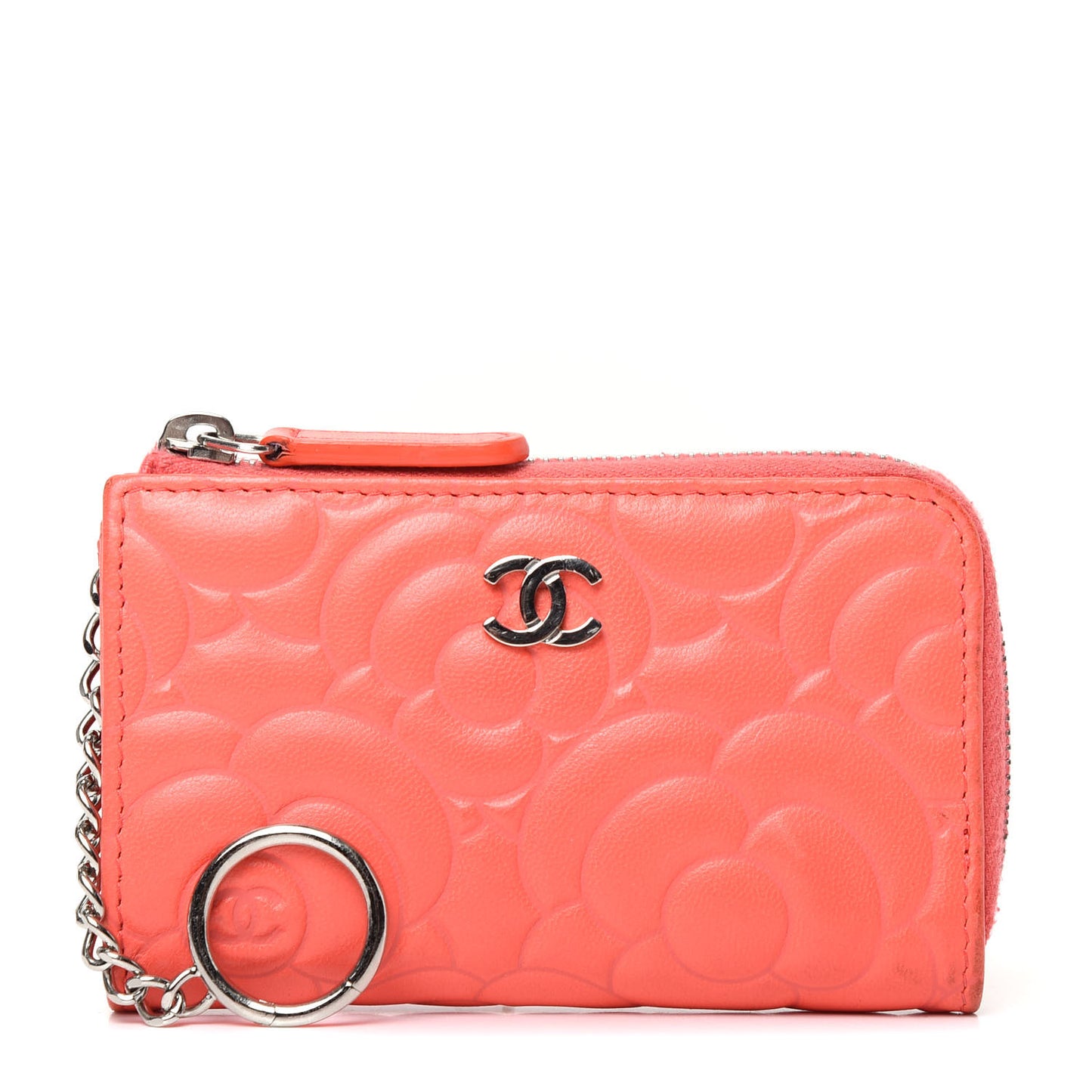 Lambskin Camellia Embossed Key Holder Case Coral