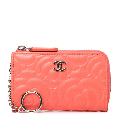 Chanel Lambskin Camellia Embossed Key Holder Case Coral 1 of 7