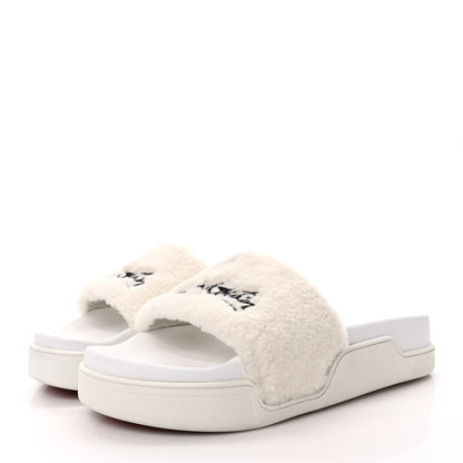 Christian Louboutin Faux Shearling Embroidered Pool Donna Flat Slide Sandals 39.5 White 3 of 8