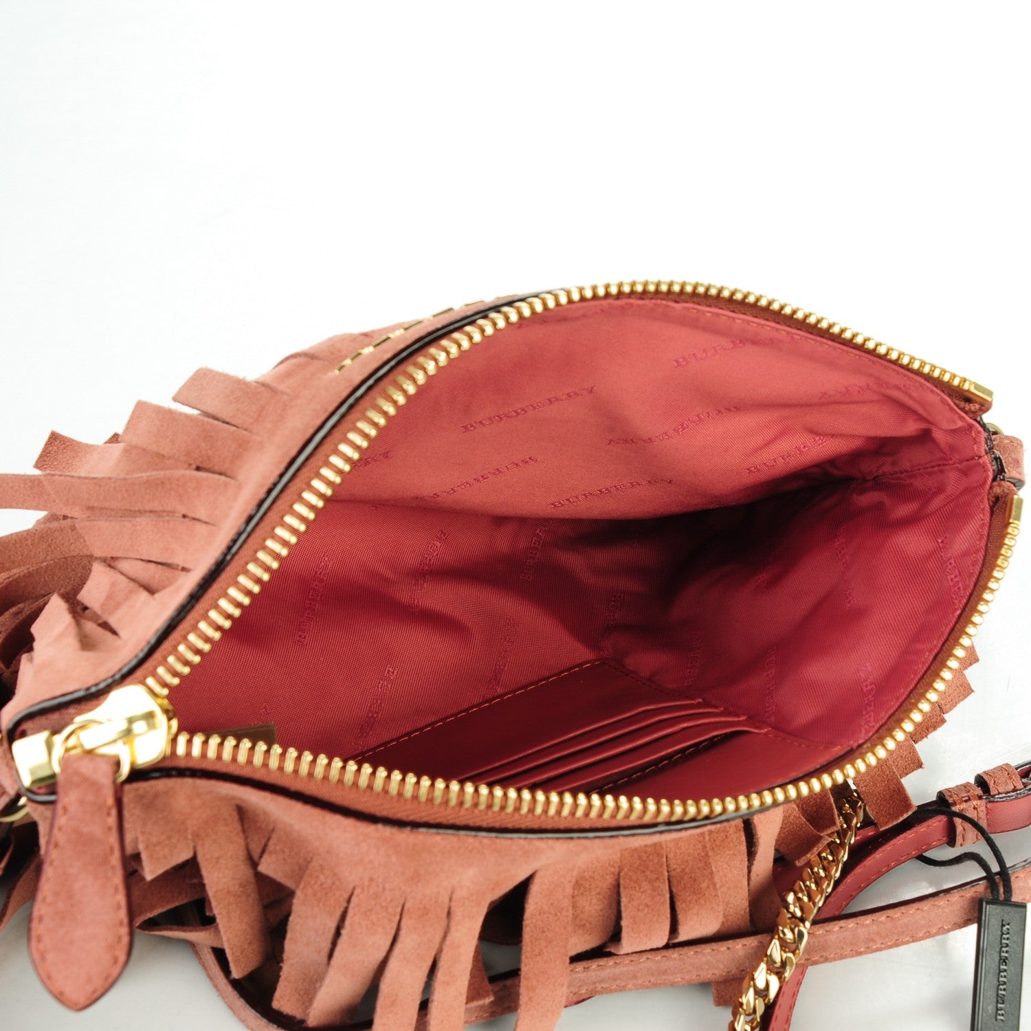 Burberry Suede Fringe Peyton Crossbody Clutch Bag Russet Pink 7 of 10