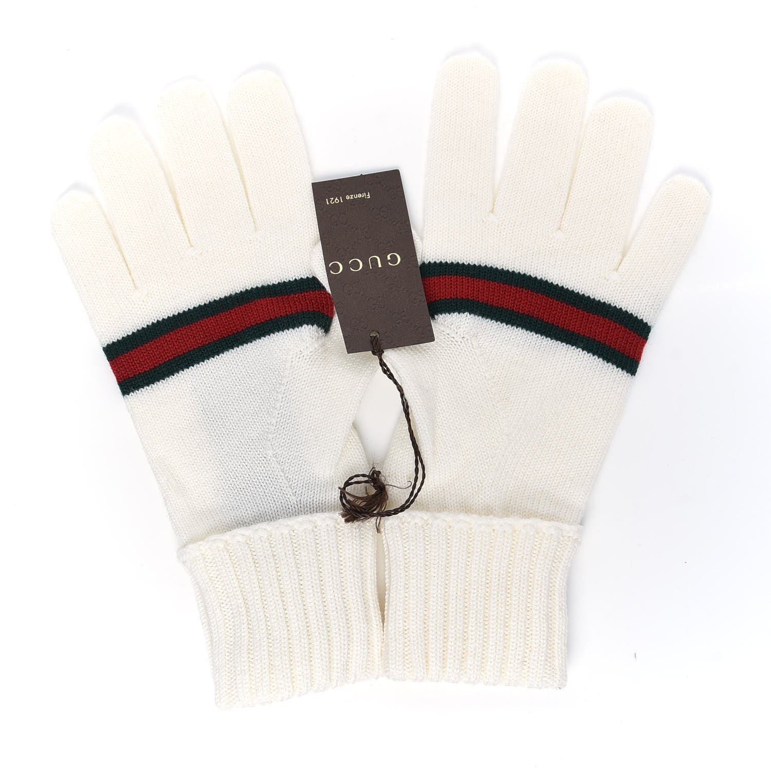 Gucci Wool Tricot Gloves M White Tea Dark Green 2 of 4