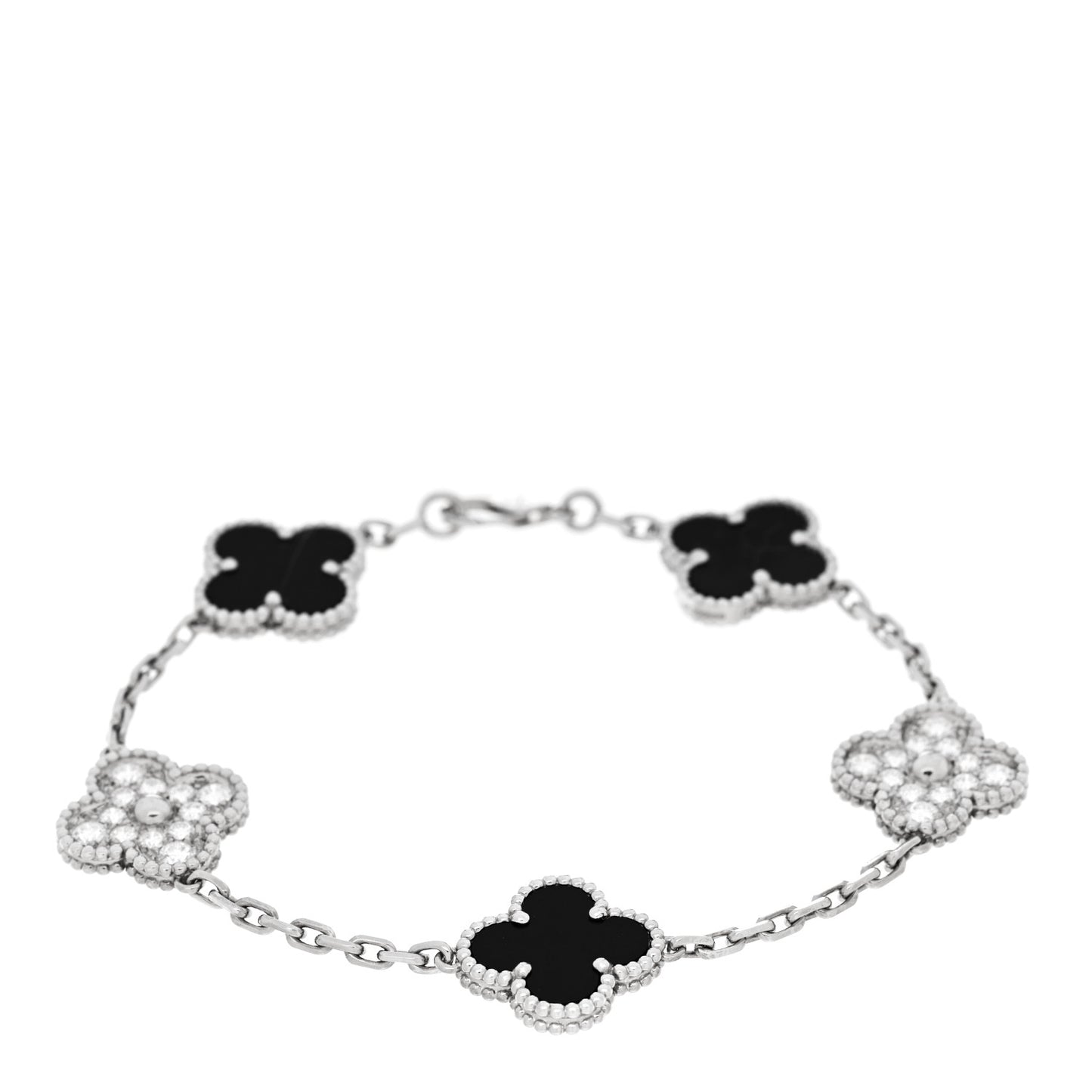 18K White Gold Diamond Black Onyx 5 Motifs Vintage Alhambra Bracelet
